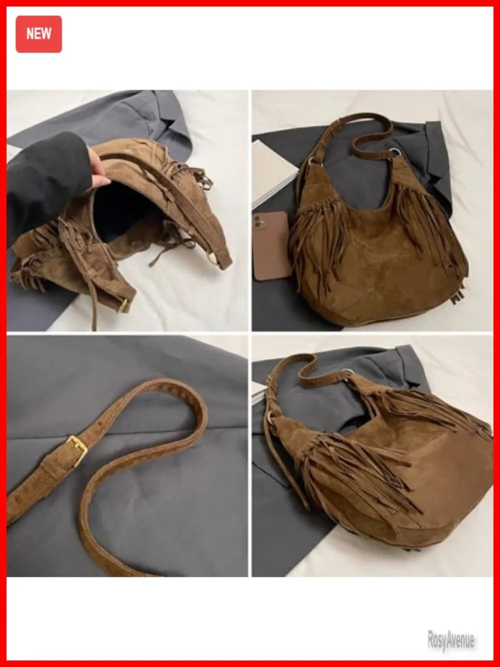 Vintage Suede Fringe Hobo Bag Crossbody Shoulder Purse Tote